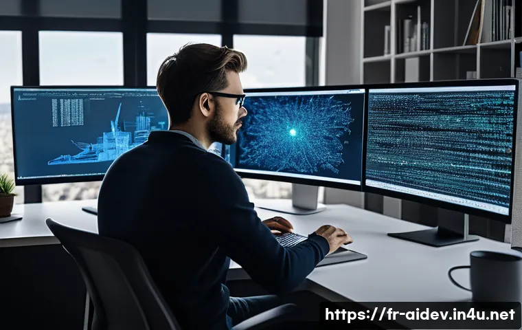 AI 개발자로서의 목표 설정 - A professional AI developer working in a modern Parisian office, surrounded by multiple large monito...