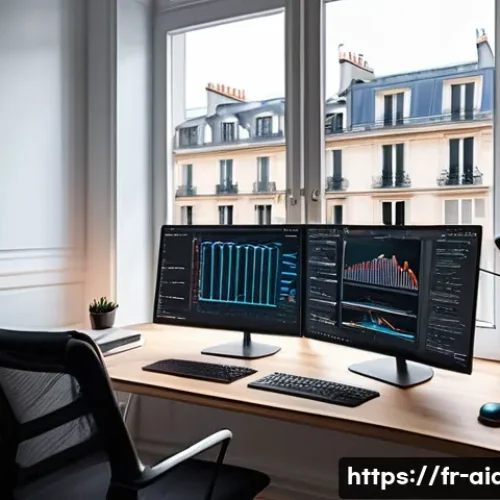 Home 32 인공지능 개발자 필수 자격증 - A modern, stylish home office setup with a young French AI developer working intensely on a Python c...