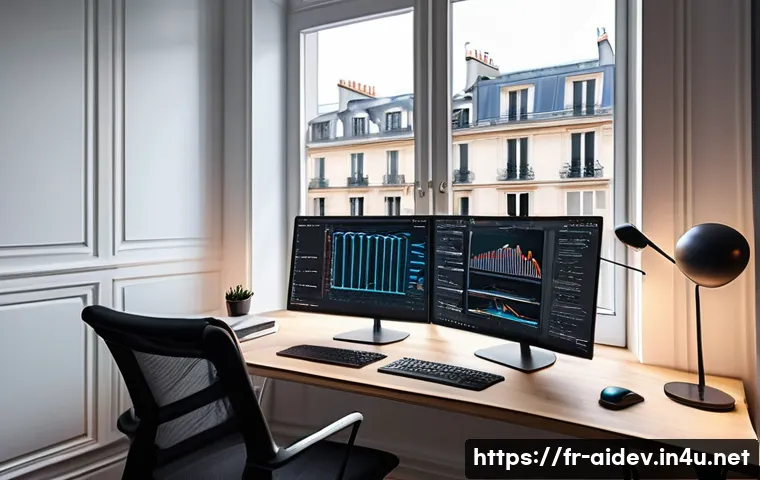 인공지능 개발자 필수 자격증 - A modern, stylish home office setup with a young French AI developer working intensely on a Python c...