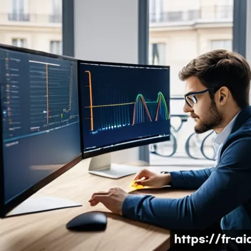 Home 31 AI 개발자가 가져야 할 기술 - A focused AI developer in a modern Parisian tech office, analyzing complex datasets on multiple comp...
