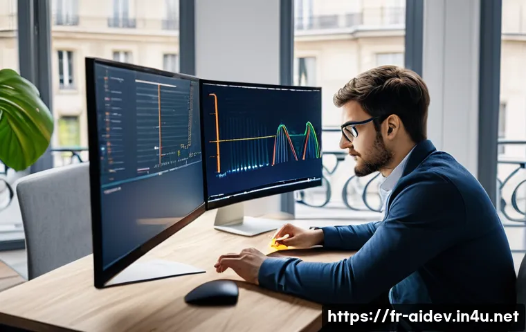 AI 개발자가 가져야 할 기술 - A focused AI developer in a modern Parisian tech office, analyzing complex datasets on multiple comp...