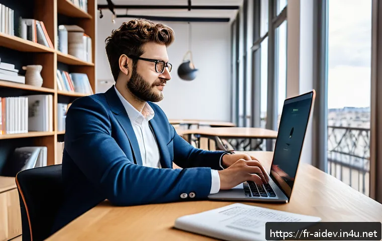 인공지능 개발자 연봉 상승 방법 - A professional French AI engineer in a modern Parisian co-working space, dressed in smart casual att...