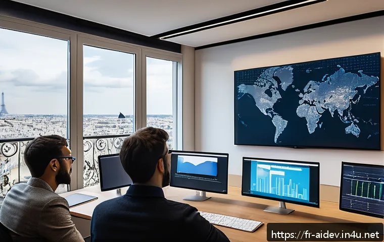 AI 개발 직무의 장점 - A modern multidisciplinary AI development team collaborating in a bright, high-tech office in Paris,...