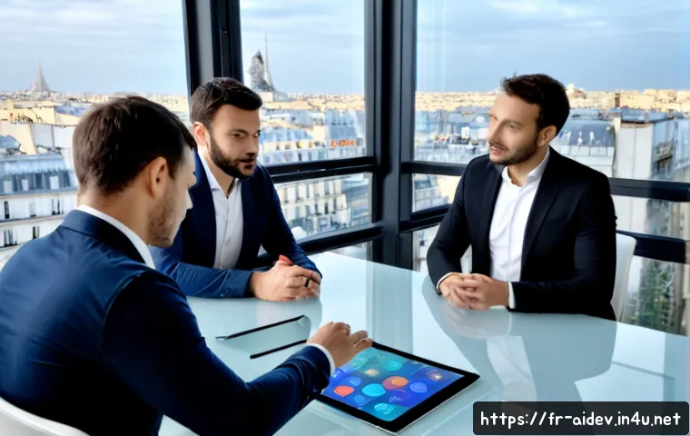인공지능 기술 트렌드 - Photorealistic modern Paris office, diverse French technology team reviewing a transparent holograph...